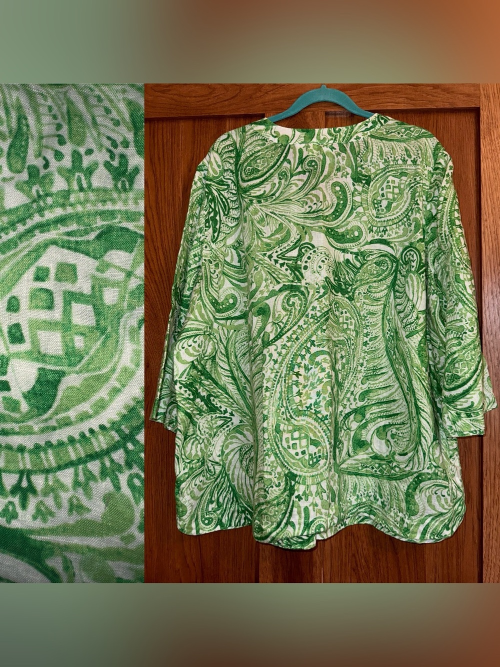 EUC Chico’s Size 4 Women's 100% Linen Green Paisley Print Sequin Embellished Top - Picture 2 of 6
